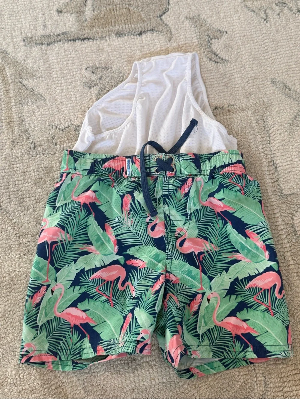 Rugged Butts Kids Flamingo Print Swim Bermudas in Pink & Green